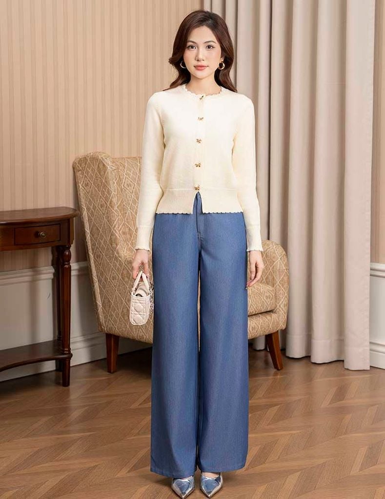 Quần jean nữ ống rộng cạp may đỉa chéo