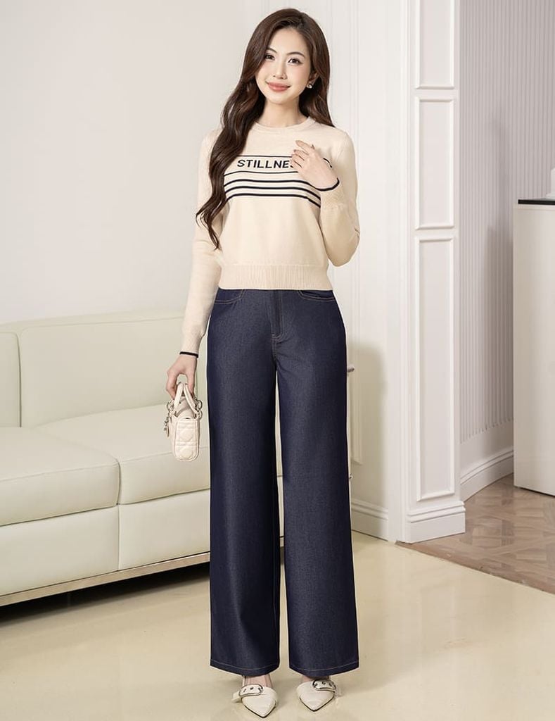 Quần jean nữ ống rộng cạp may đỉa chéo