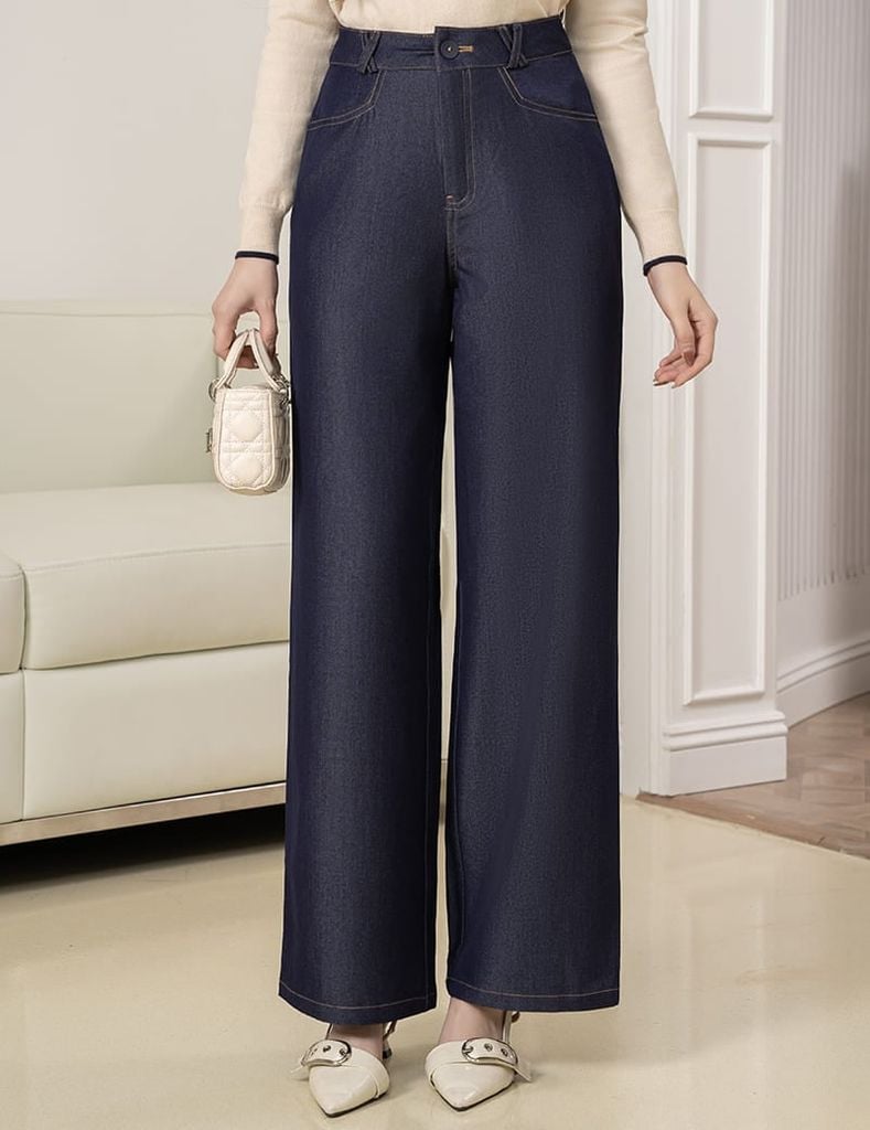 Quần jean nữ ống rộng cạp may đỉa chéo