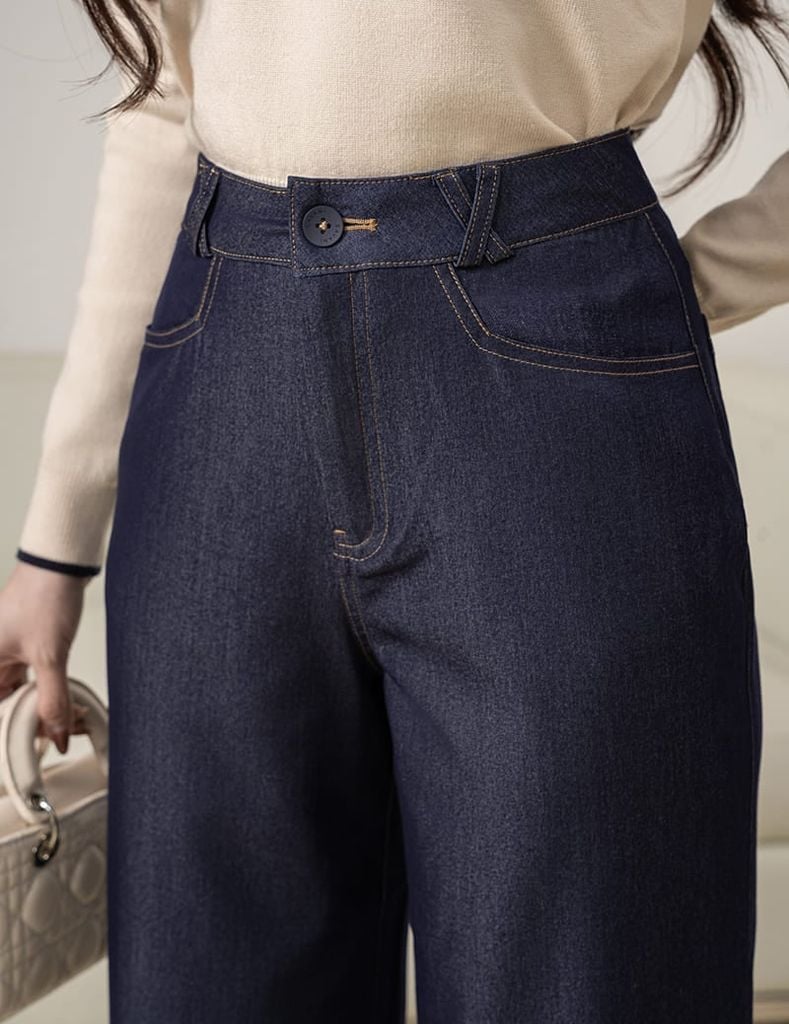 Quần jean nữ ống rộng cạp may đỉa chéo