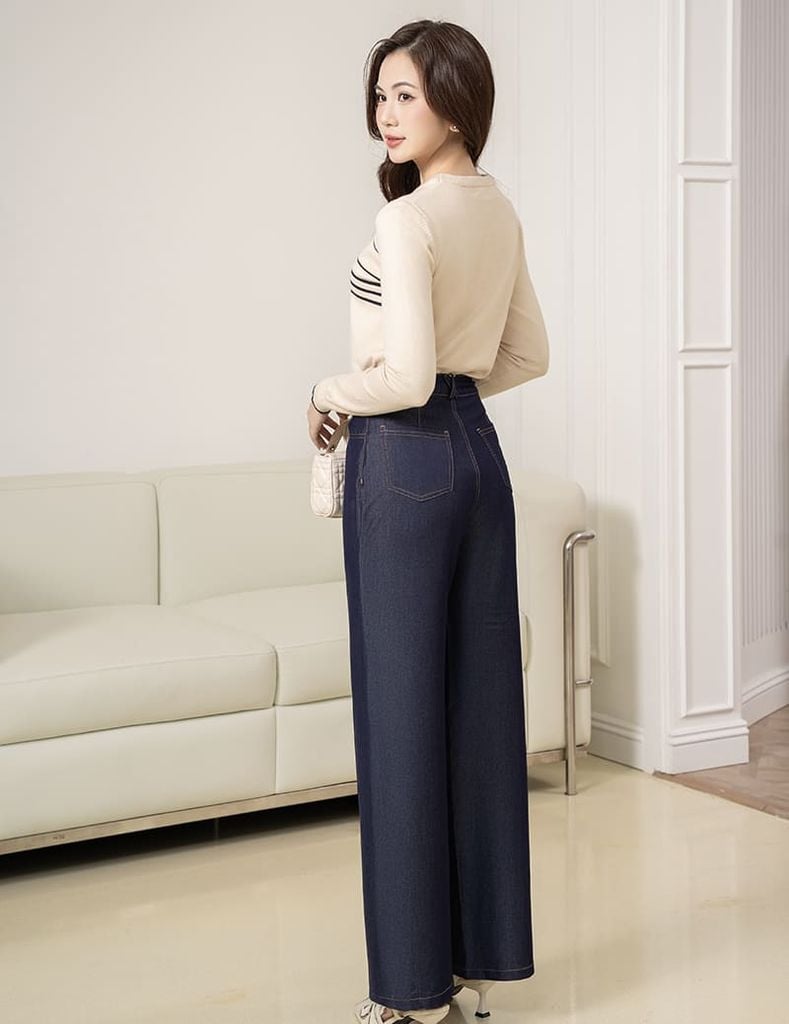 Quần jean nữ ống rộng cạp may đỉa chéo