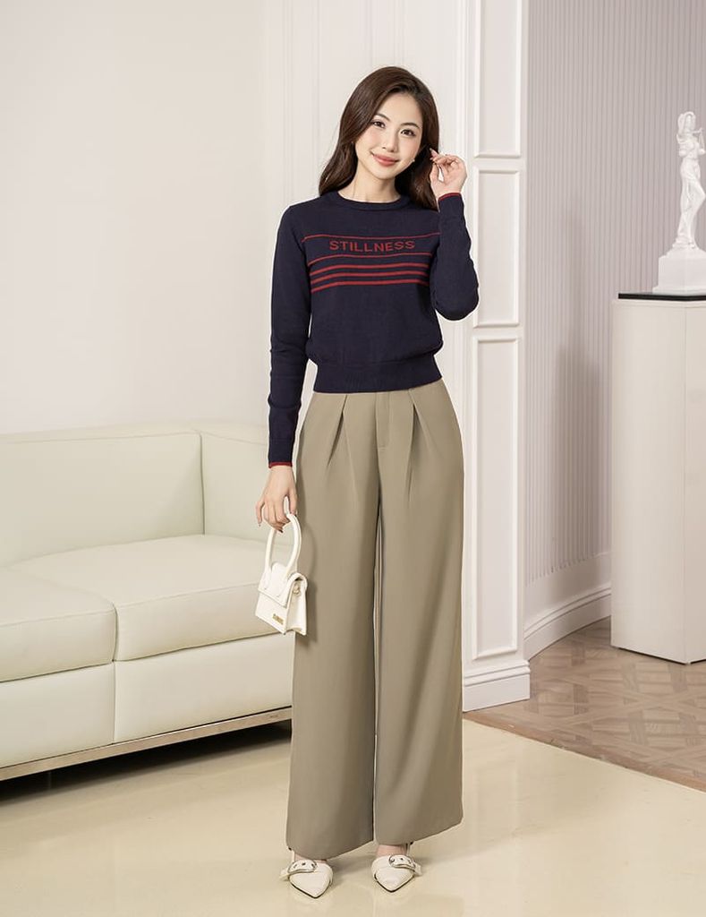 Áo len cổ tròn nữ dệt họa tiết ngang ngực