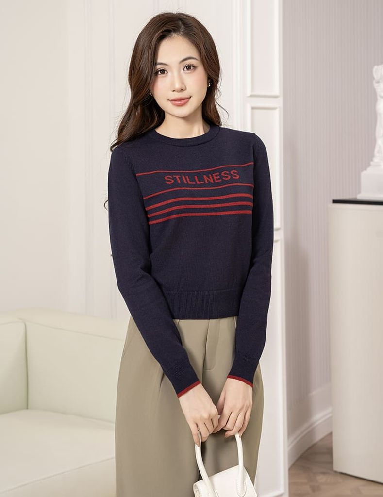 Áo len cổ tròn nữ dệt họa tiết ngang ngực