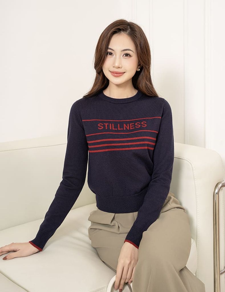 Áo len cổ tròn nữ dệt họa tiết ngang ngực