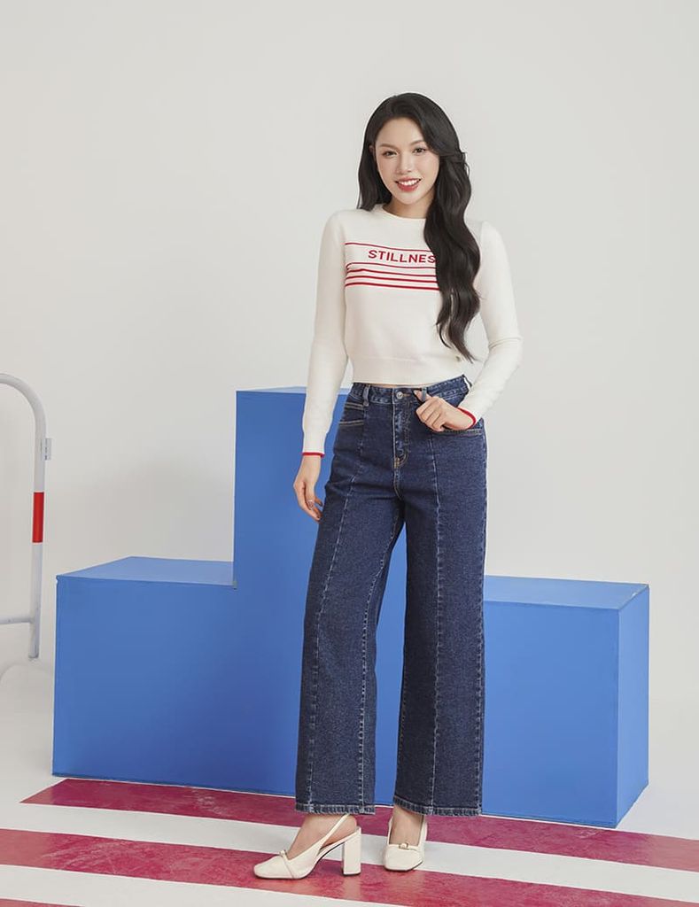 Áo len cổ tròn nữ dệt họa tiết ngang ngực