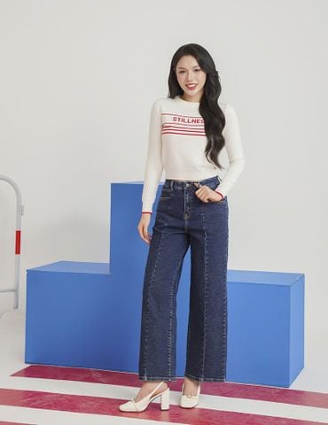 Áo len cổ tròn nữ dệt họa tiết ngang ngực