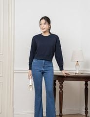 Áo nỉ cổ tròn nữ dáng crop mác dệt kẹp cổ sau