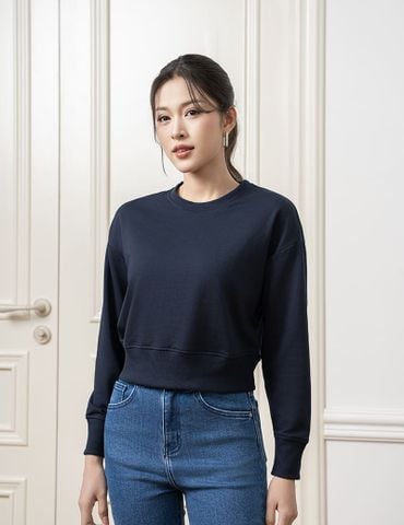 Áo nỉ cổ tròn nữ dáng crop mác dệt kẹp cổ sau