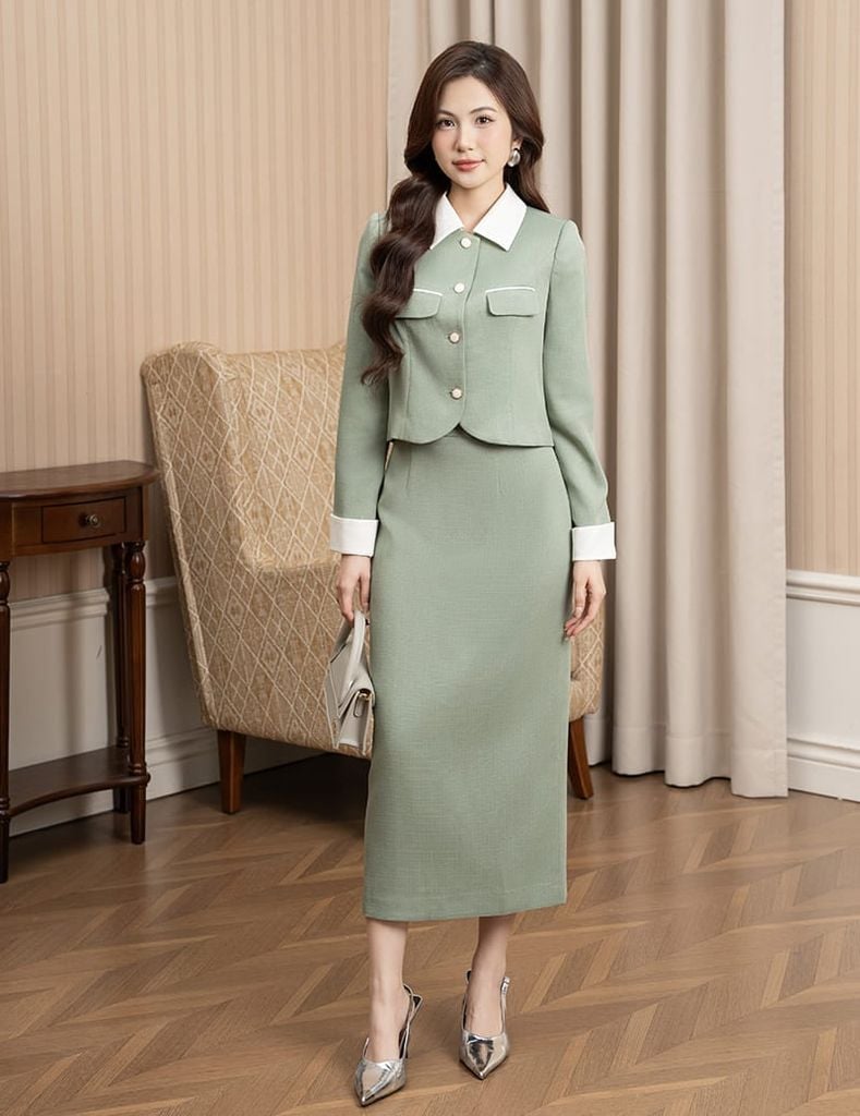 Bộ vest nữ cổ bẻ vải phối