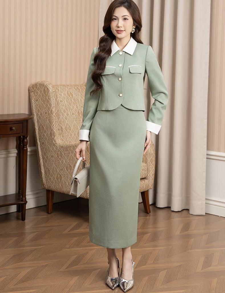 Bộ vest nữ cổ bẻ vải phối