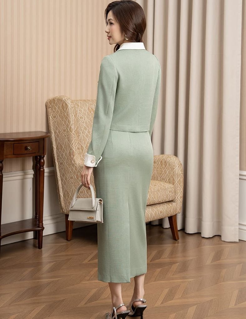 Bộ vest nữ cổ bẻ vải phối