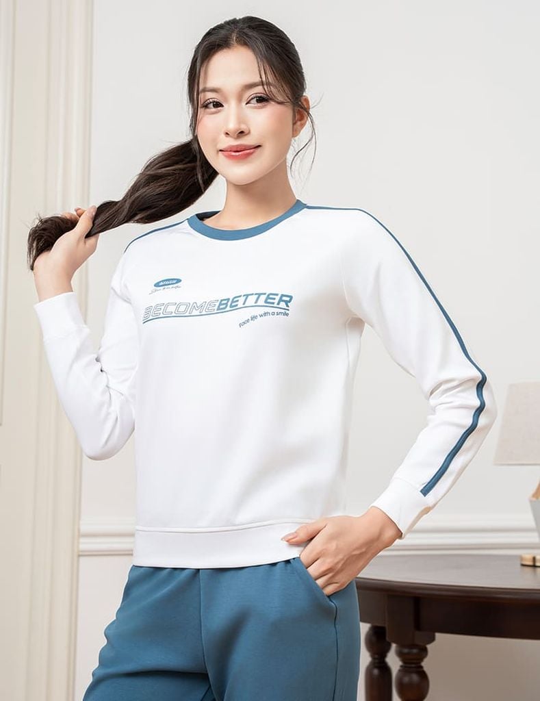 Bộ nỉ cổ tròn nữ phối dọc 2 tay hình in trước ngực