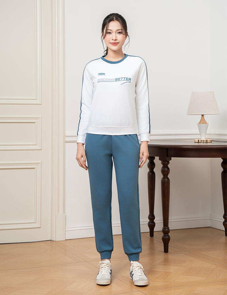 Bộ nỉ cổ tròn nữ phối dọc 2 tay hình in trước ngực