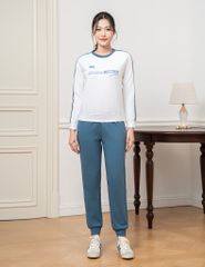 Bộ nỉ cổ tròn nữ phối dọc 2 tay hình in trước ngực