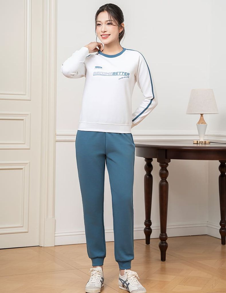 Bộ nỉ cổ tròn nữ phối dọc 2 tay hình in trước ngực