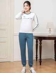 Bộ nỉ cổ tròn nữ phối dọc 2 tay hình in trước ngực