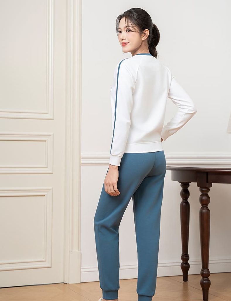 Bộ nỉ cổ tròn nữ phối dọc 2 tay hình in trước ngực