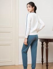 Bộ nỉ cổ tròn nữ phối dọc 2 tay hình in trước ngực