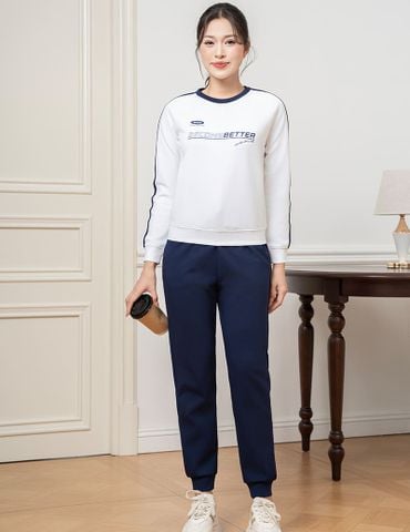 Bộ nỉ cổ tròn nữ phối dọc 2 tay hình in trước ngực