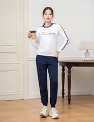 Bộ nỉ cổ tròn nữ phối dọc 2 tay hình in trước ngực