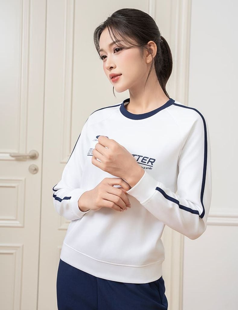 Bộ nỉ cổ tròn nữ phối dọc 2 tay hình in trước ngực