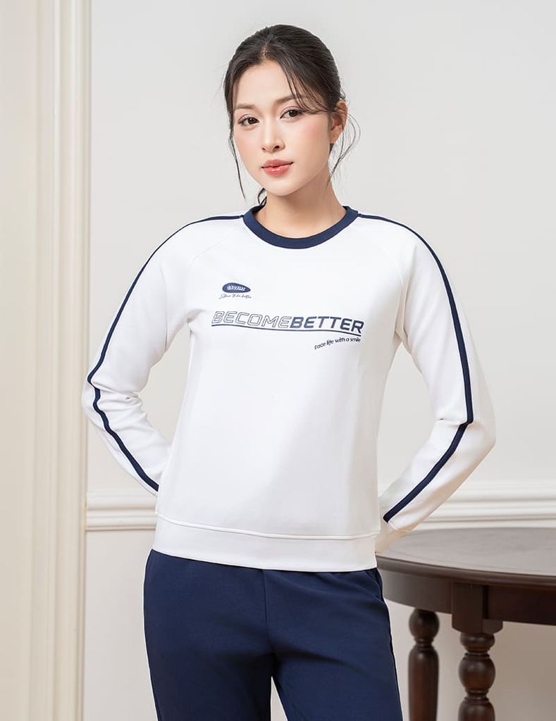 Bộ nỉ cổ tròn nữ phối dọc 2 tay hình in trước ngực