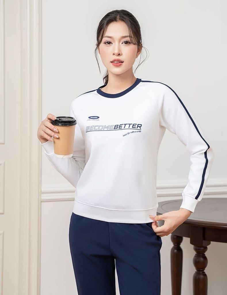 Bộ nỉ cổ tròn nữ phối dọc 2 tay hình in trước ngực