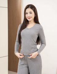 Bộ đồ thu đông cotton nữ cổ tim hình thêu giữa ngực