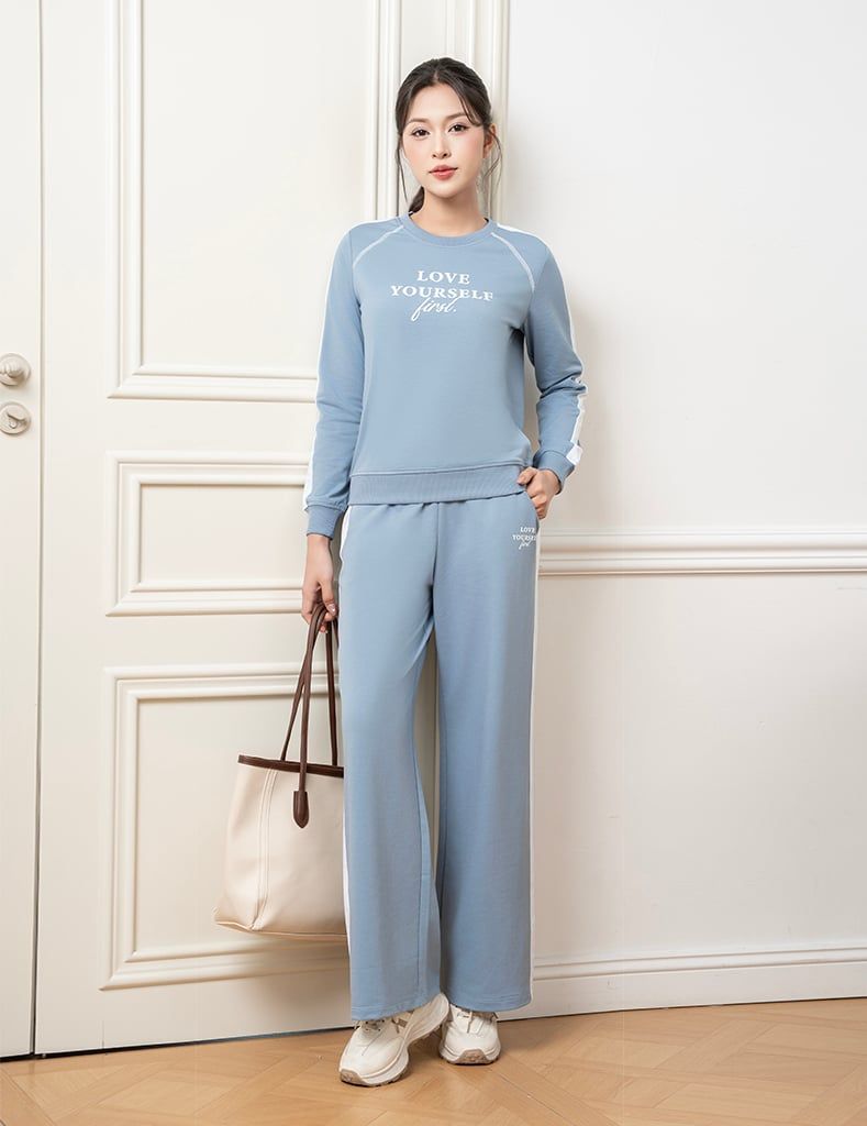 Bộ nỉ cổ tròn nữ hình in trước ngực quần ông suông