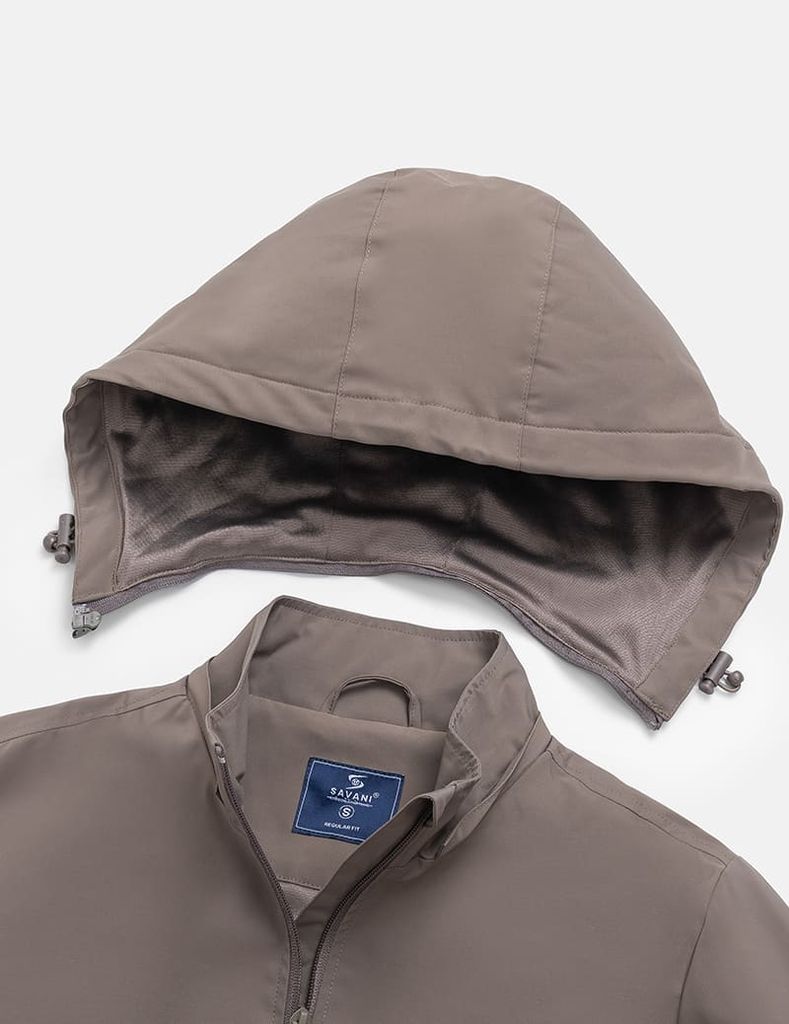 Áo gió có mũ nữ ngực in logo phối 2 bên sườn