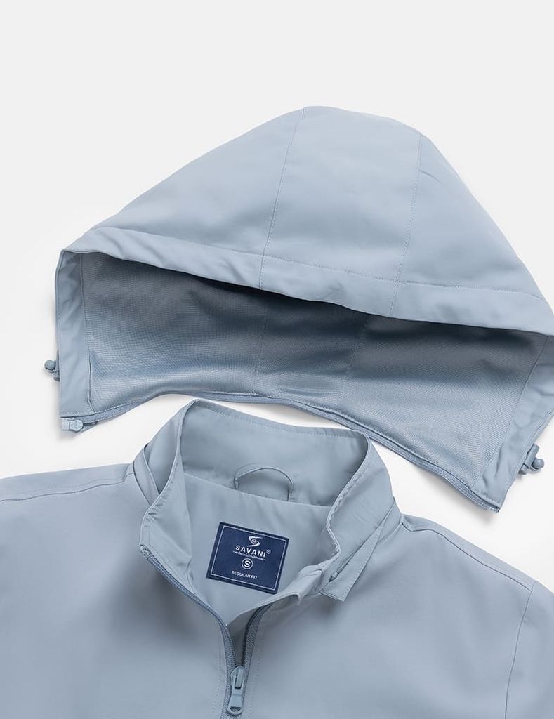 Áo gió có mũ nữ ngực in logo phối 2 bên sườn