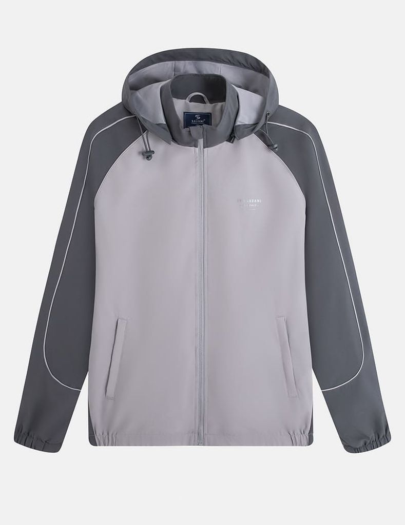 Áo gió có mũ nữ phối tay thân in logo trước ngực