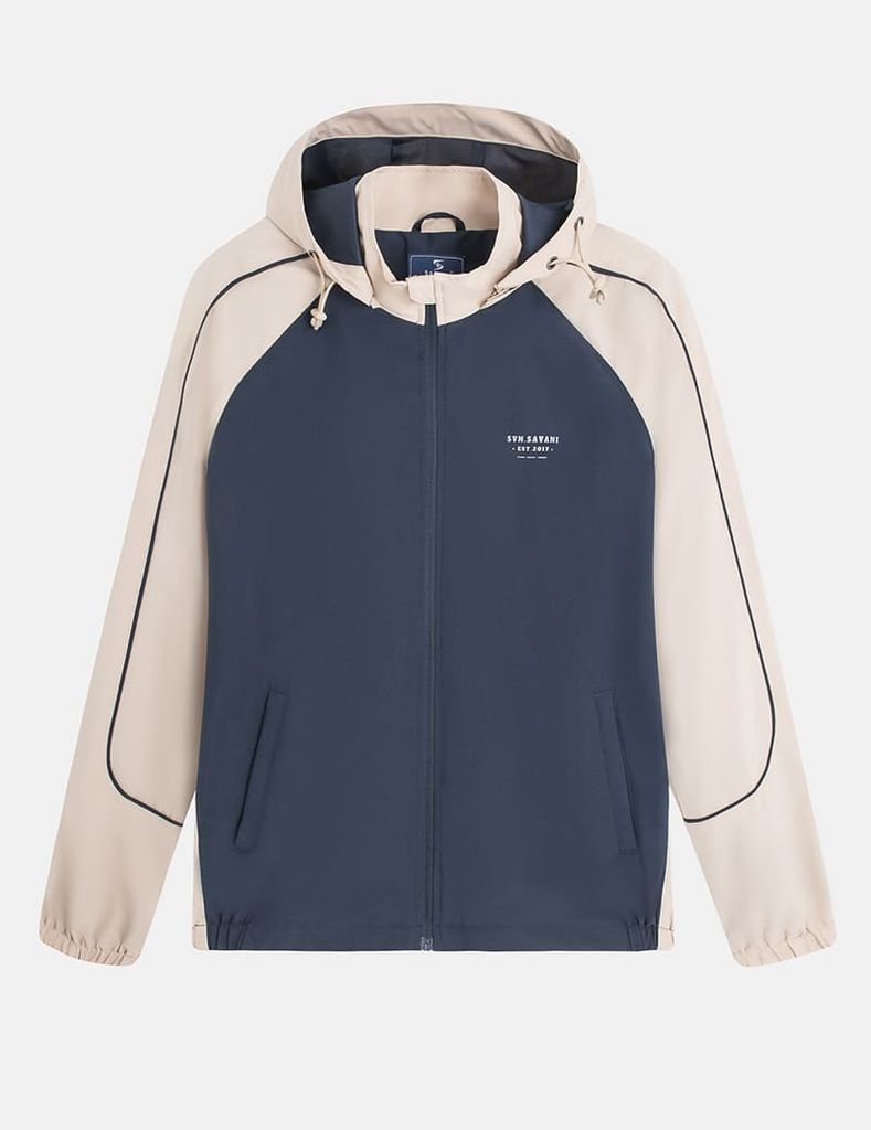 Áo gió có mũ nữ phối tay thân in logo trước ngực