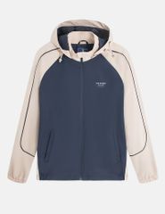 Áo gió có mũ nữ phối tay thân in logo trước ngực