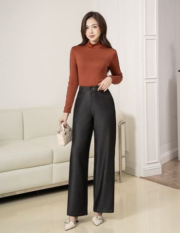 Quần jean nữ ống rộng cạp may đỉa chéo