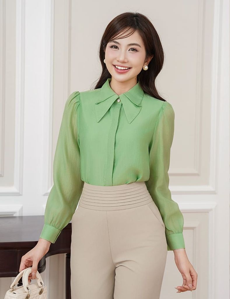 Áo sơ mi nữ dài tay  cổ gập nẹp áo giấu khuy