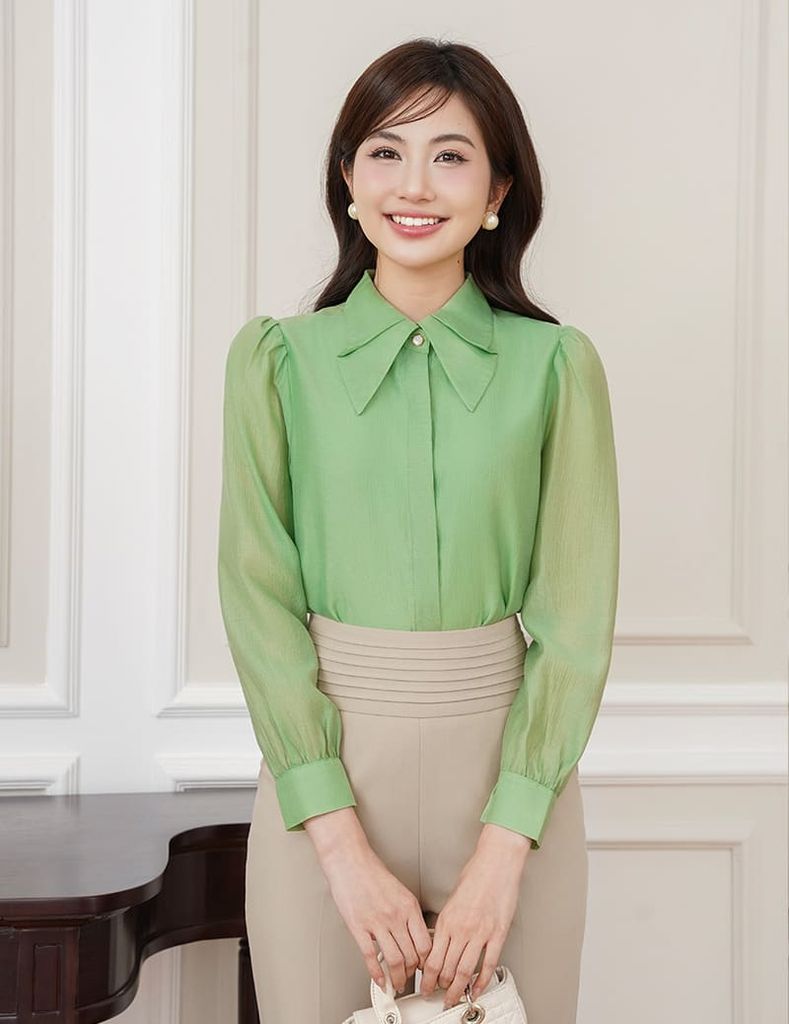 Áo sơ mi nữ dài tay  cổ gập nẹp áo giấu khuy