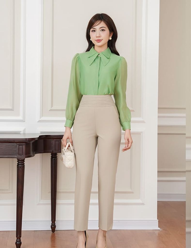 Áo sơ mi nữ dài tay  cổ gập nẹp áo giấu khuy