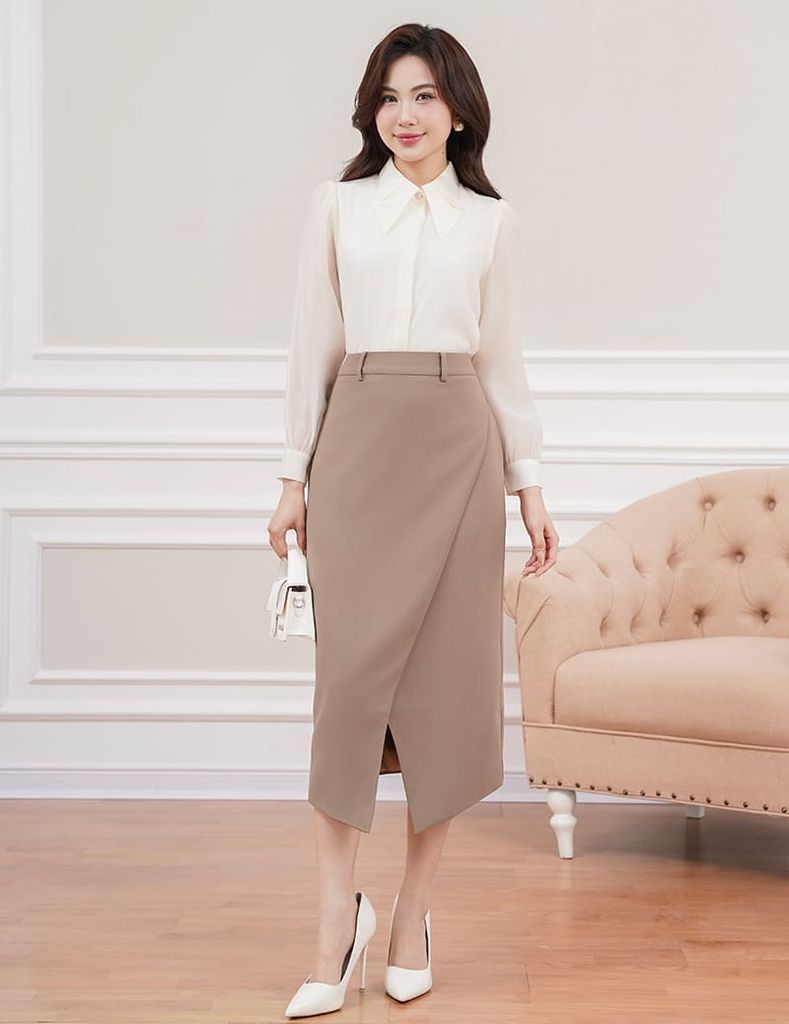 Áo sơ mi nữ dài tay  cổ gập nẹp áo giấu khuy