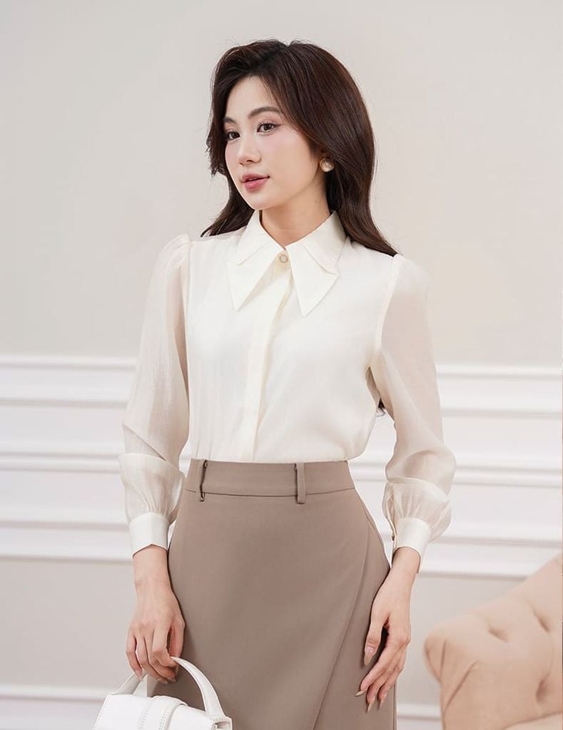 Áo sơ mi nữ dài tay  cổ gập nẹp áo giấu khuy
