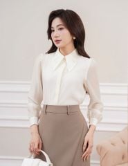 Áo sơ mi nữ dài tay  cổ gập nẹp áo giấu khuy