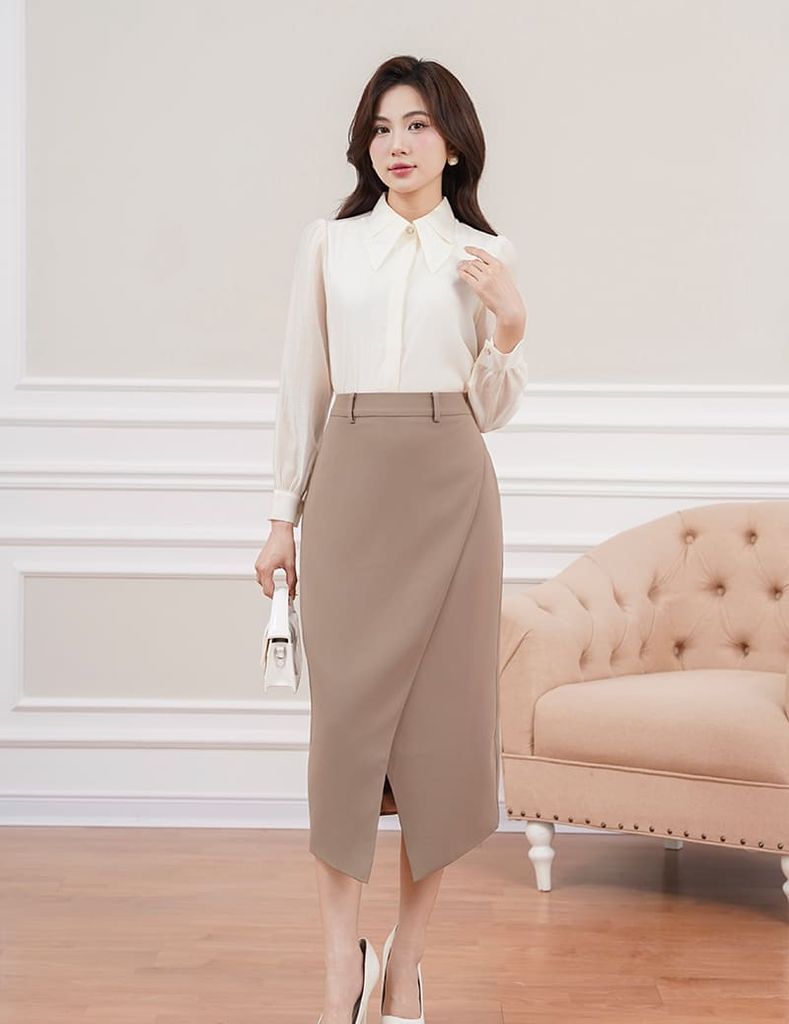 Áo sơ mi nữ dài tay  cổ gập nẹp áo giấu khuy
