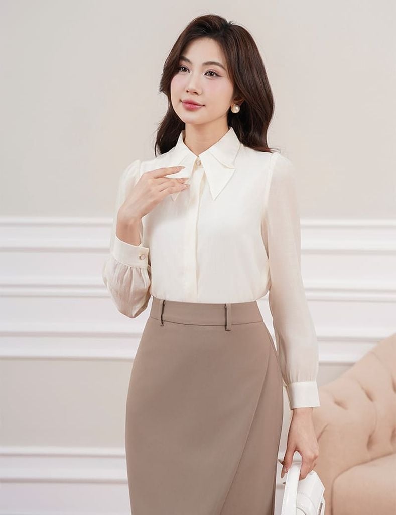 Áo sơ mi nữ dài tay  cổ gập nẹp áo giấu khuy