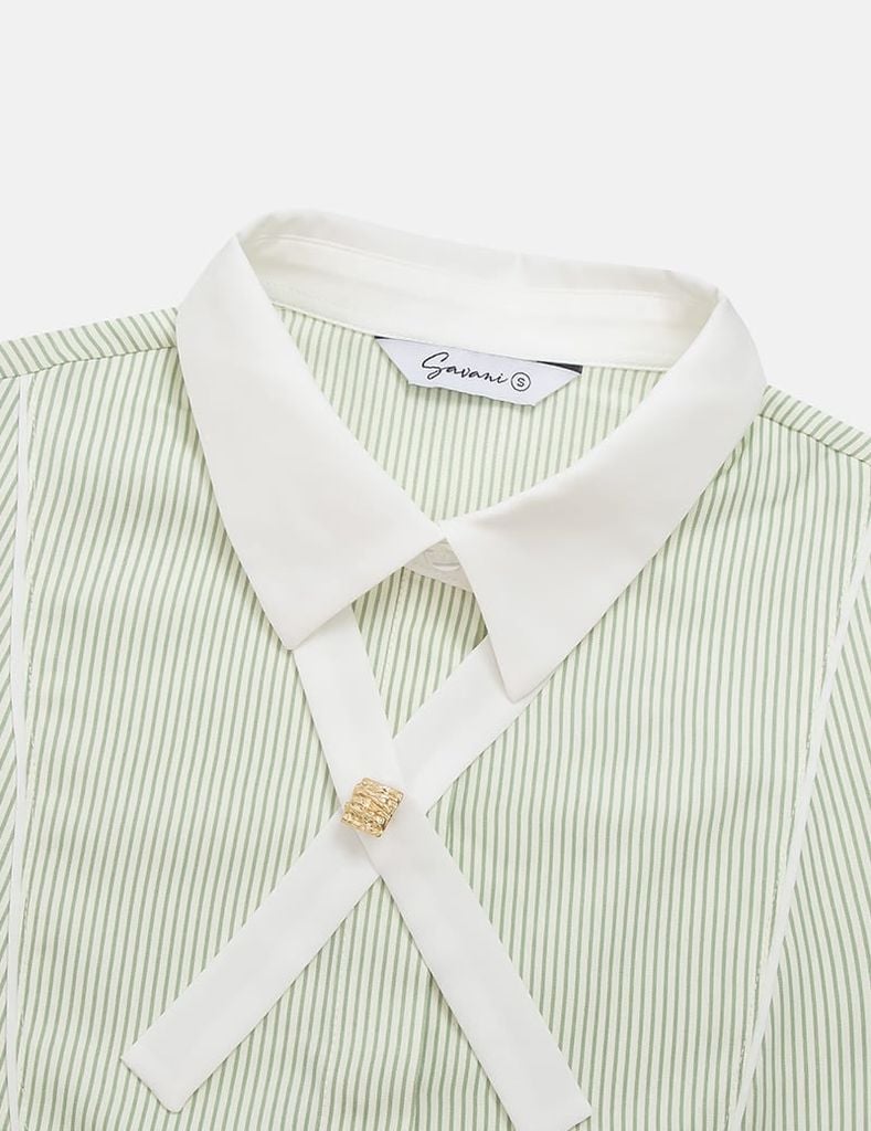 Áo sơ mi kẻ dài tay nữ nơ trang trí