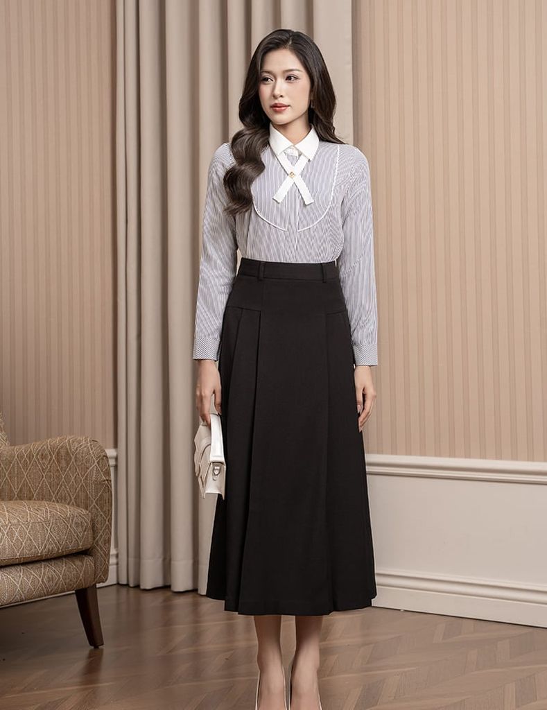 Áo sơ mi kẻ dài tay nữ nơ trang trí