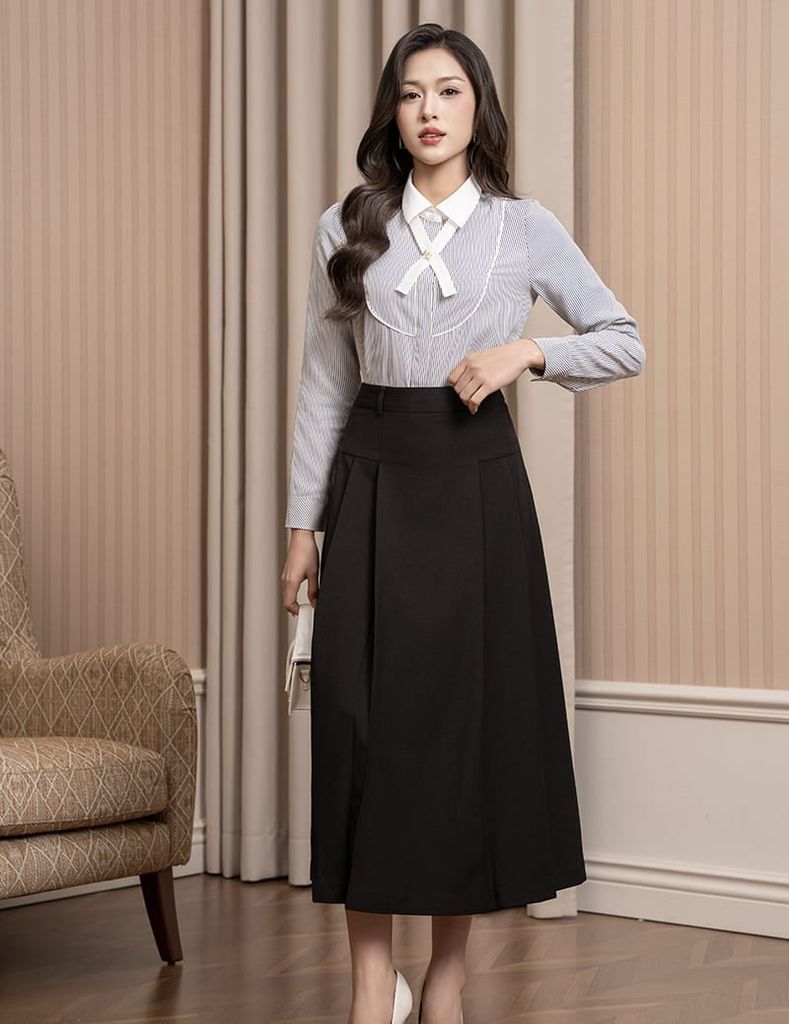 Áo sơ mi kẻ dài tay nữ nơ trang trí