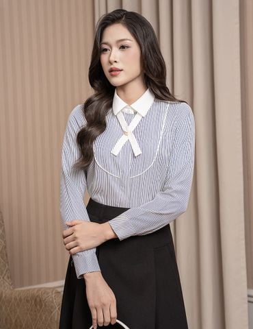 Áo sơ mi kẻ dài tay nữ nơ trang trí