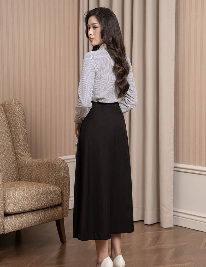 Áo sơ mi kẻ dài tay nữ nơ trang trí