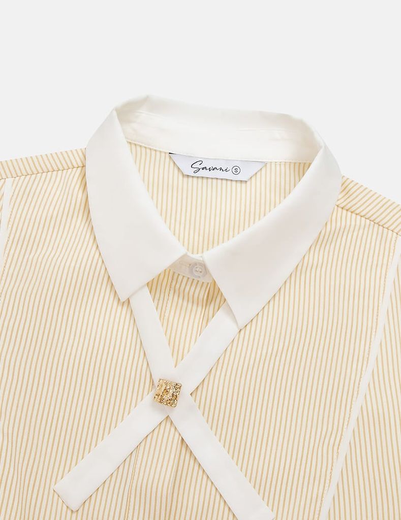 Áo sơ mi kẻ dài tay nữ nơ trang trí