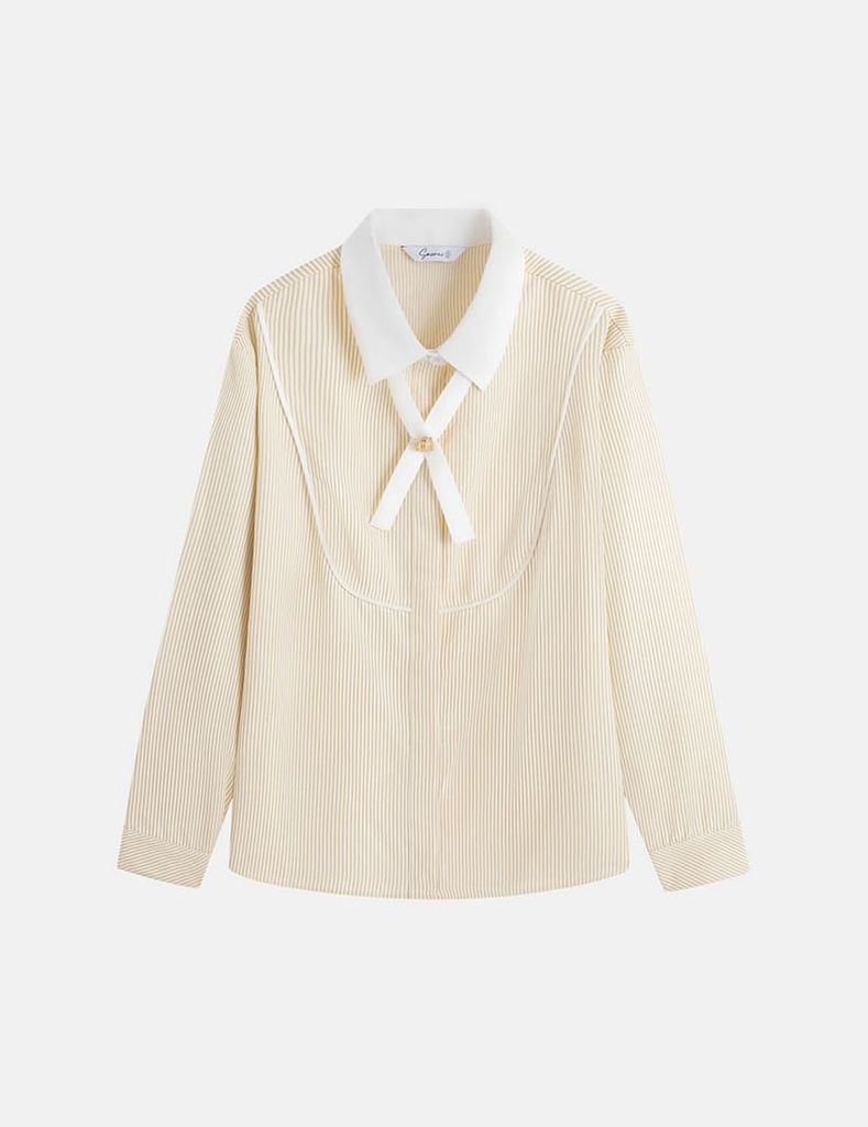 Áo sơ mi kẻ dài tay nữ nơ trang trí